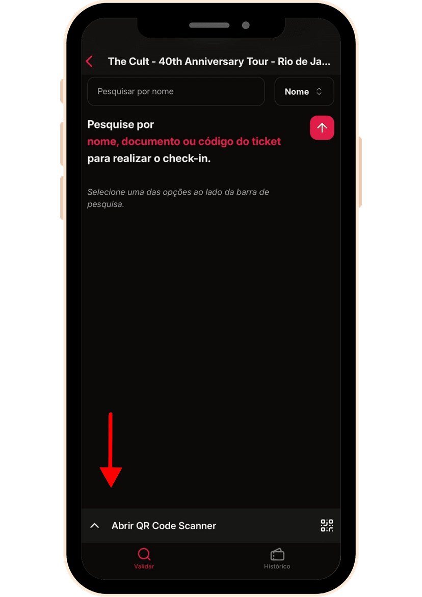 Tela com botão Abrir QR Code Scanner no app FasTix