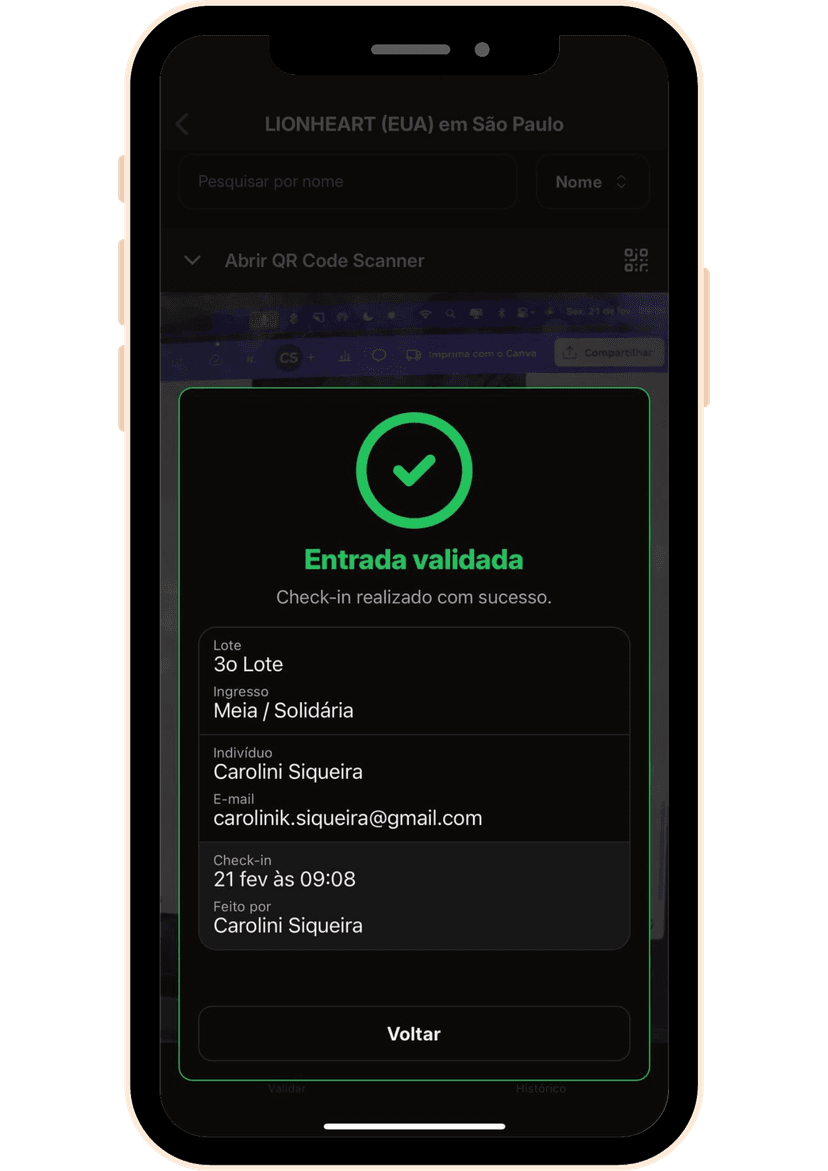 Tela de entrada validada no app FasTix